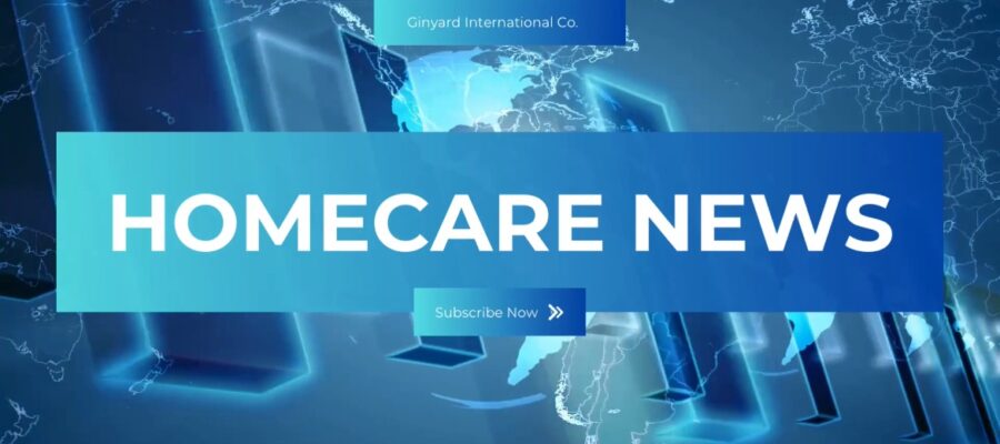 Grafica informativa con messaggio centrale "HOMECARE NEWS" e opzioni di abbonamento, su sfondo globale blu e tecnologico.